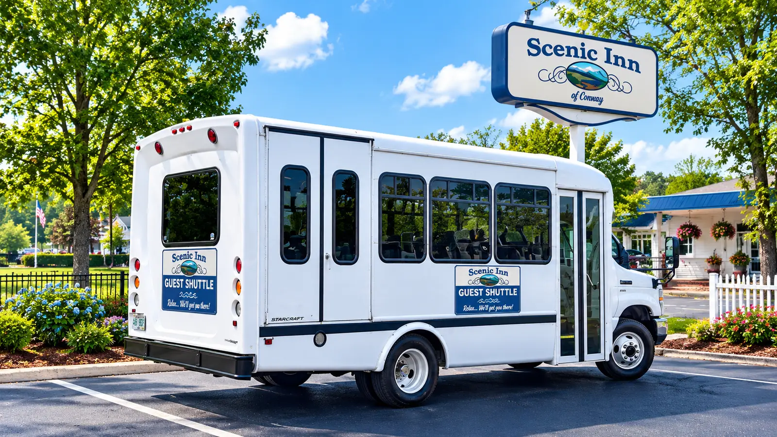 Scenic Inn 14-passenger guest shuttle in the lot at Scenic Inn of Conway, NH